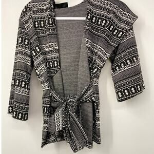 P Luca Milano Womens Black & White 3/4 Sleeve Belted Hooded Open Sweater Medium